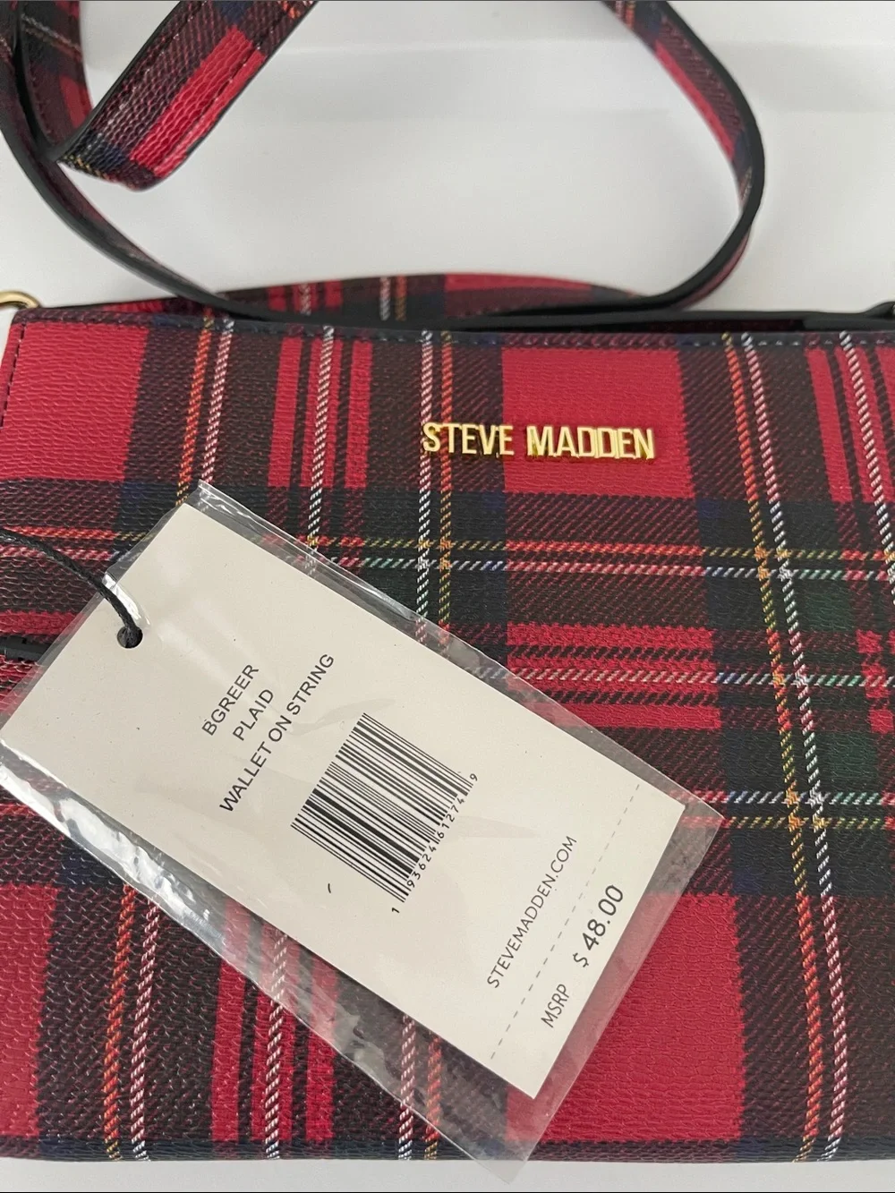 Steve Madden Red and Black Plaid Crossbody Bag with Gold Accents